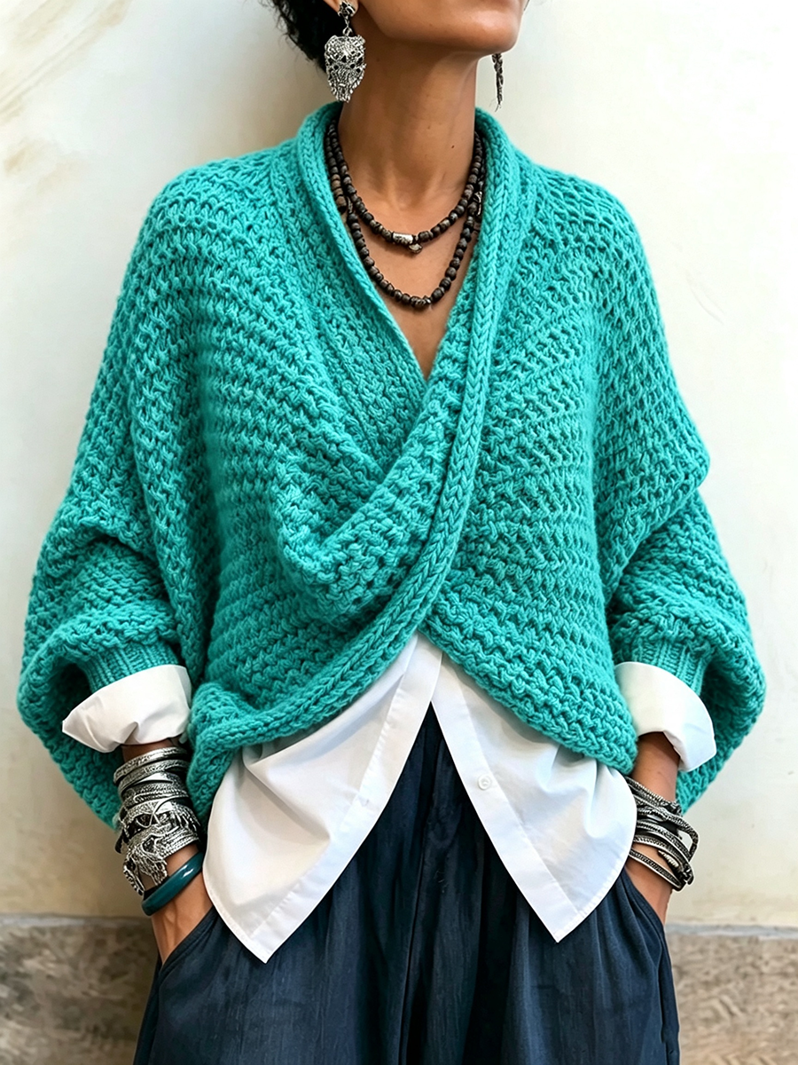 Cozy Relaxed Batwing Sleeves Crossover V-neck Sweater