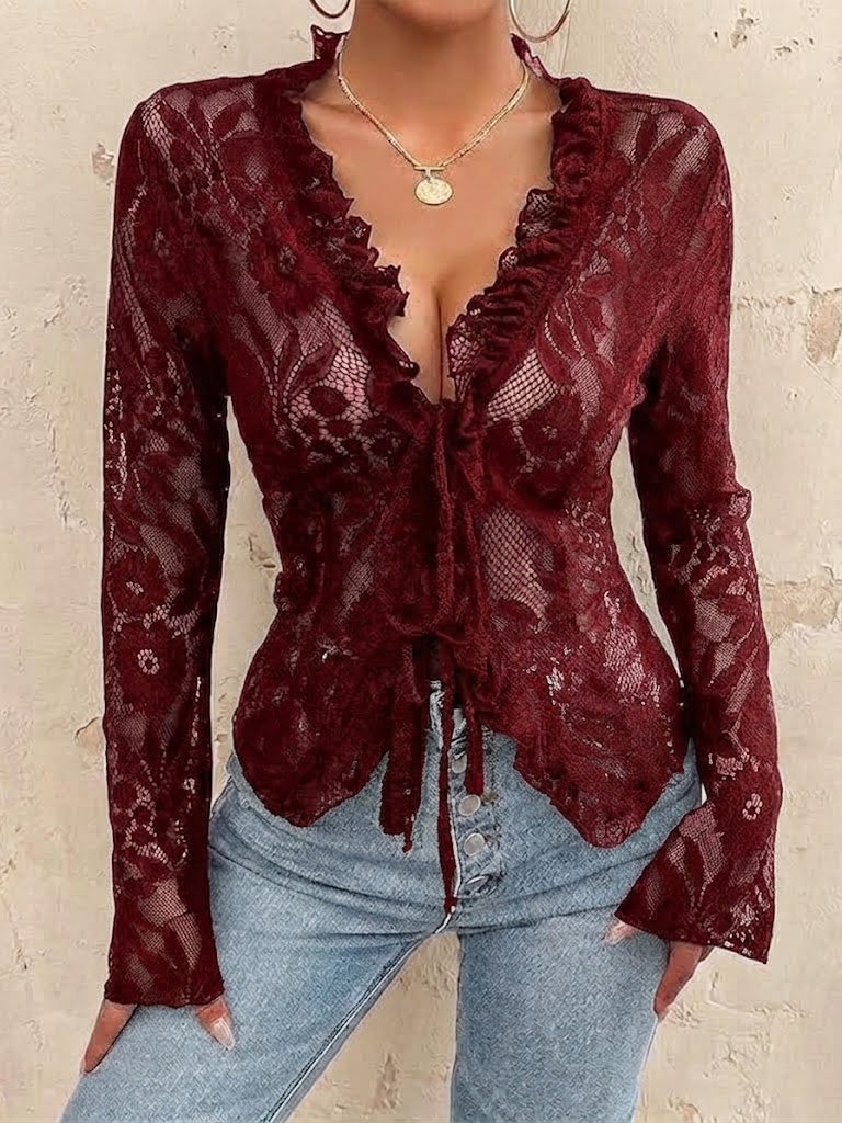 Long-sleeve Lace Shirt With V-neck And Tie-front Detail