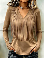 Women's Solid Color V-neck Long-sleeve Loose Casual Tassel Top