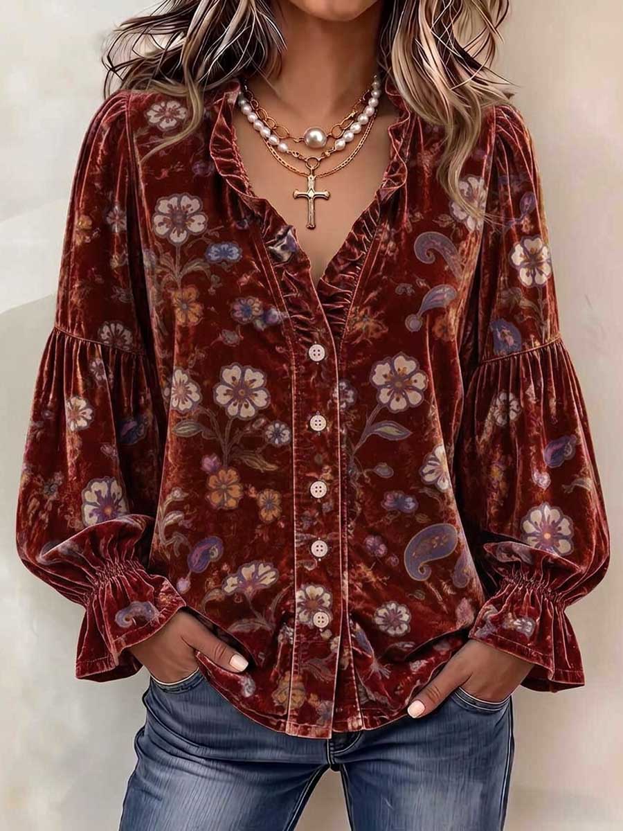 Women's V-neck Long-sleeve Casual Loose Vintage Floral Velvet Cardigan Top