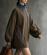 Casual Faux Suede Half-Zip Dress with Contrast Trim
