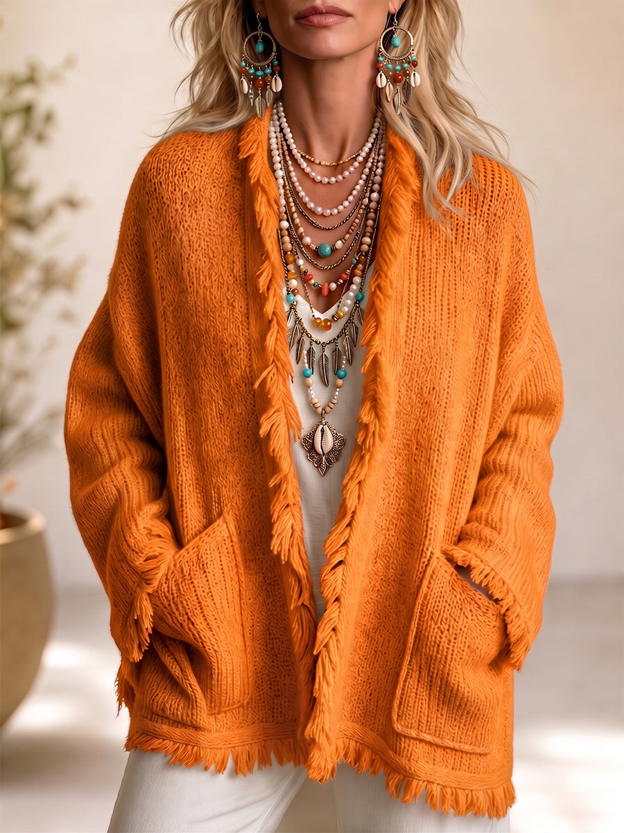Vibrant Orange Fringe-Trimmed Knit Cardigan