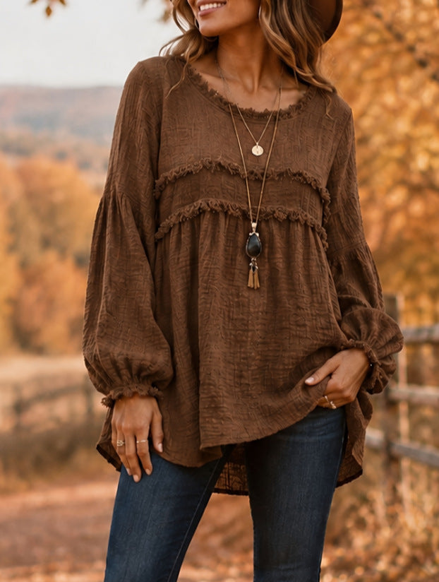 Casual Raw-edge Ruffled Cotton-linen Blend Pleated Top