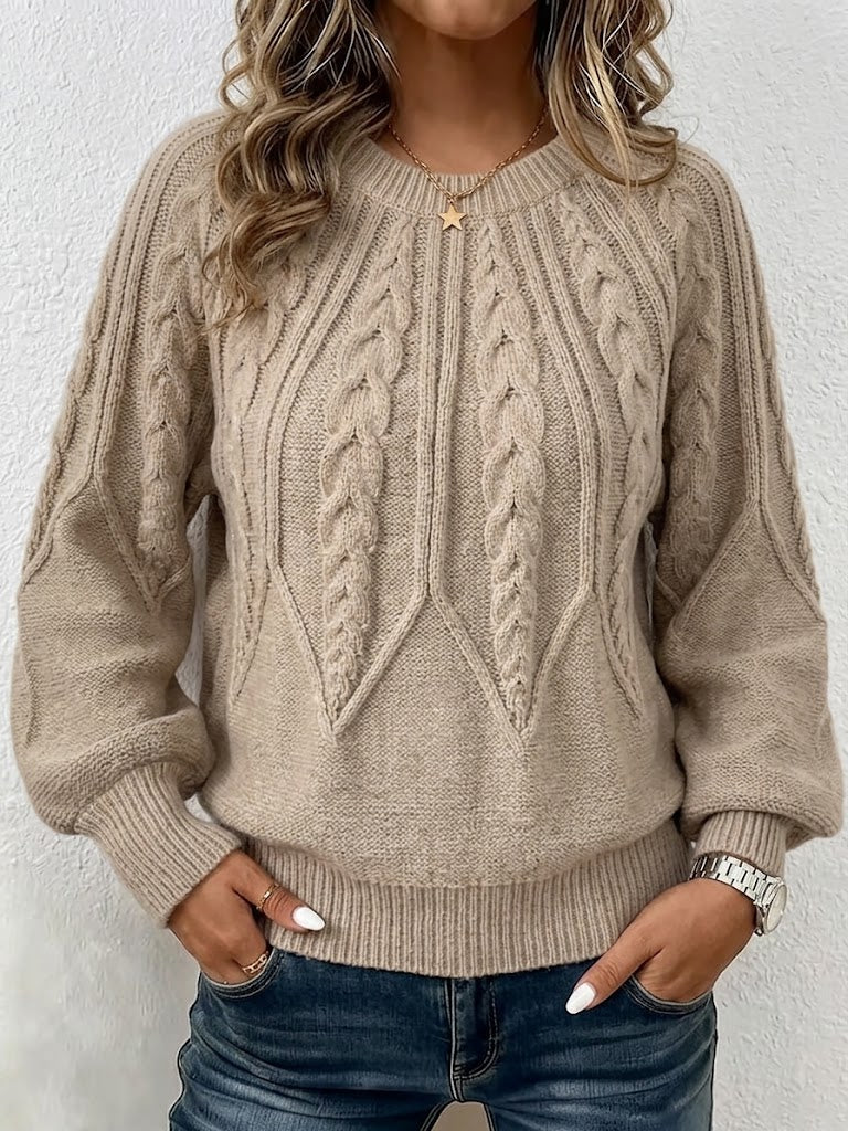 Vertical Cable Knit Raglan Balloon‑sleeve Crew Neck Sweater
