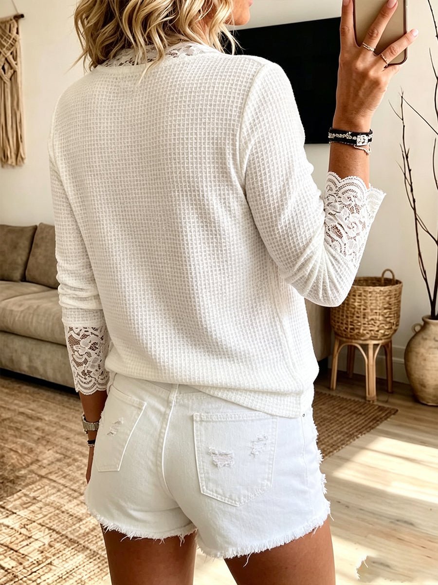 Chic White Lace Tie Waffle Knit Tie-Neck Top