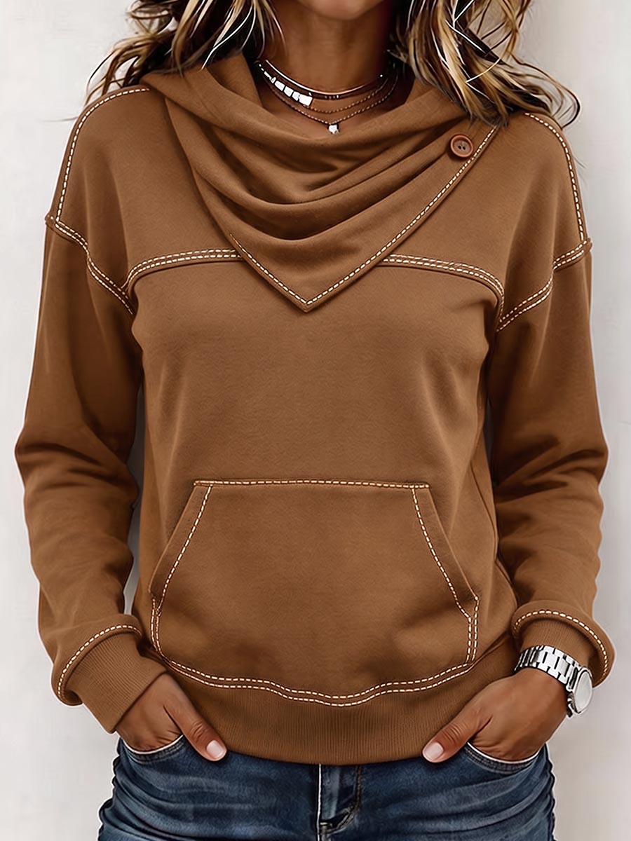Women's Solid Color High-neck Button-detail Long-sleeve Loose Casual Pullover Top