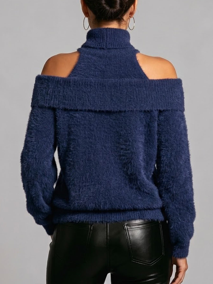 Stylish Off-the-shoulder Fuzzy Turtleneck Knit Top