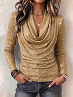 Chic Shimmer Stacked-collar Long-sleeve Knit Top