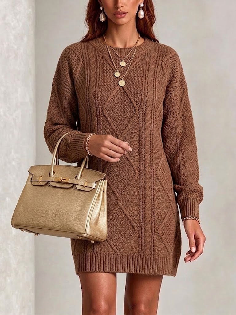 Diamond-cable Knit Knee-length Dress With A Round Neck
