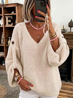 Women's Solid Color V-neck Long Sleeve Casual Loose Knitted Pullover