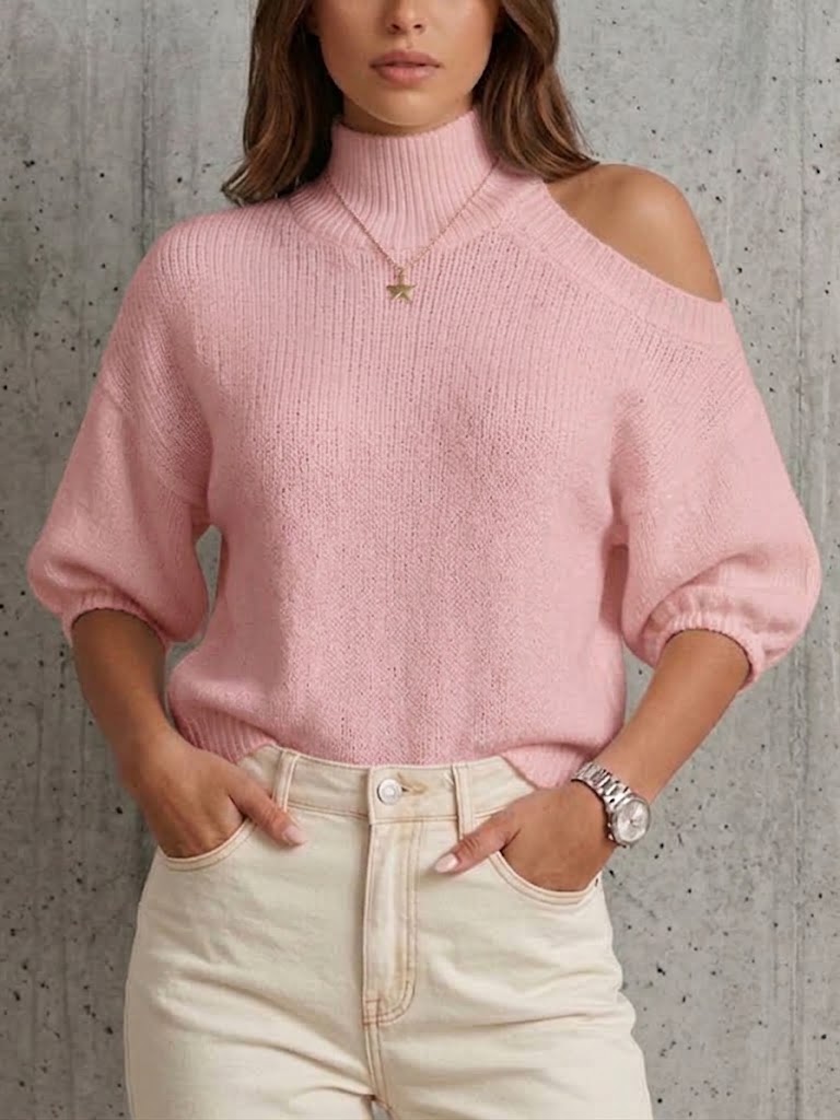 Mock Neck One‑shoulder Cutout Knit Top