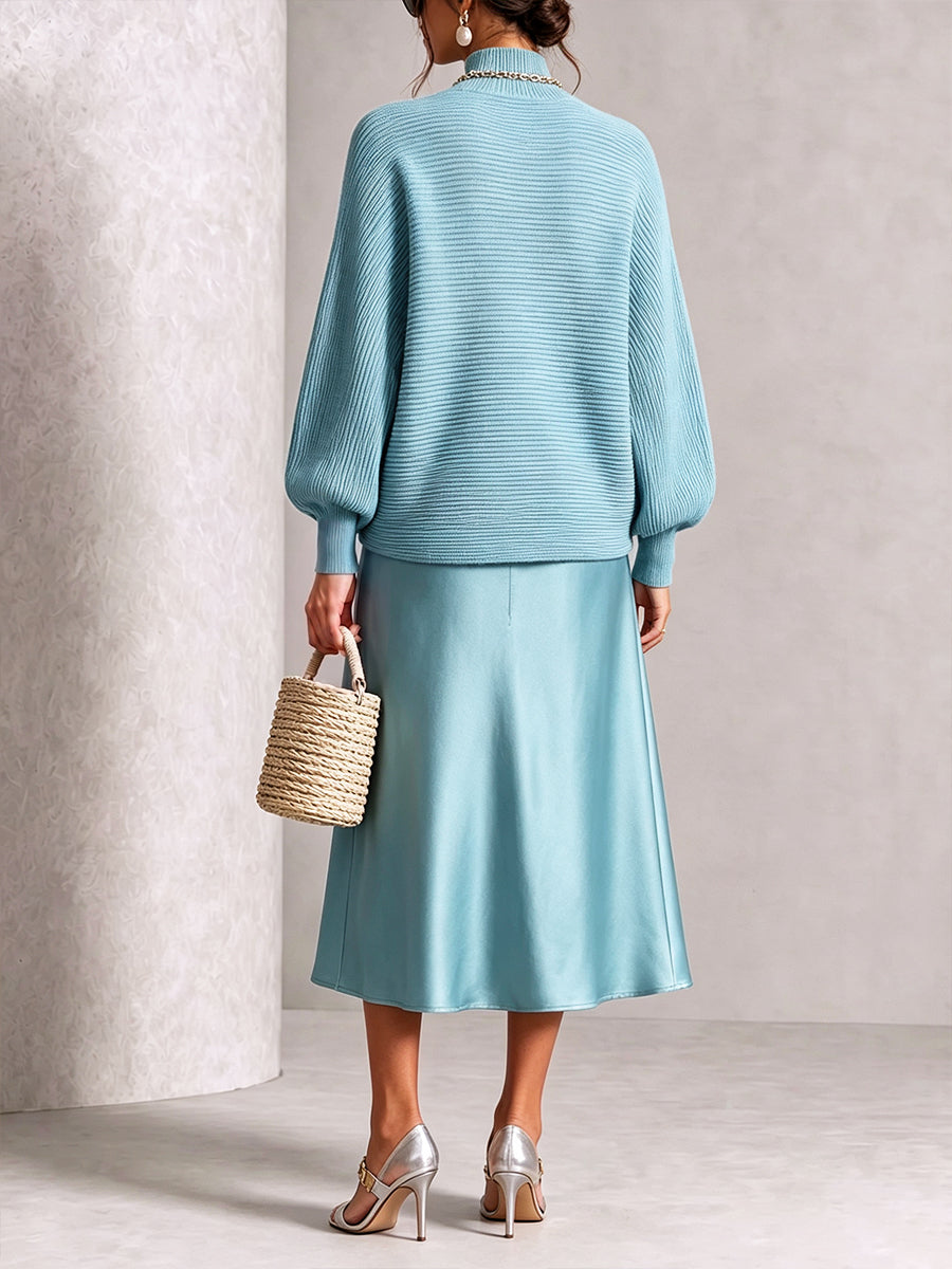 Chic Aqua Blue Knit Sweater and Satin Skirt Set