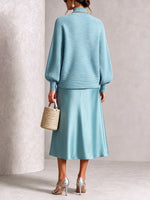 Chic Aqua Blue Knit Sweater and Satin Skirt Set