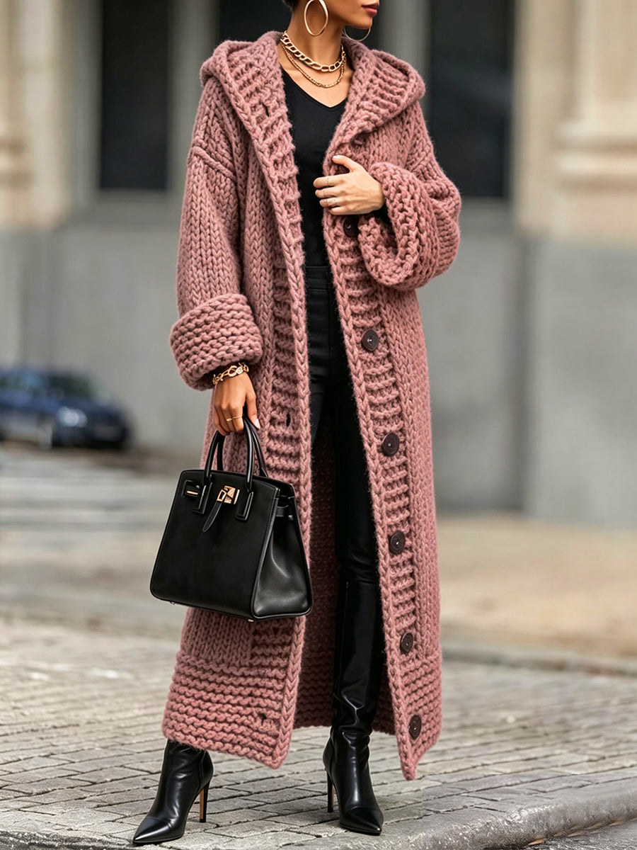 Casual, Relaxed-fit, Long, Chunky-knit Hooded Cardigan