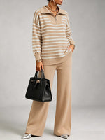 Cozy And Casual Two-piece Set Featuring A Striped Half-zip Knit Pullover And Solid-color Knit Trousers.