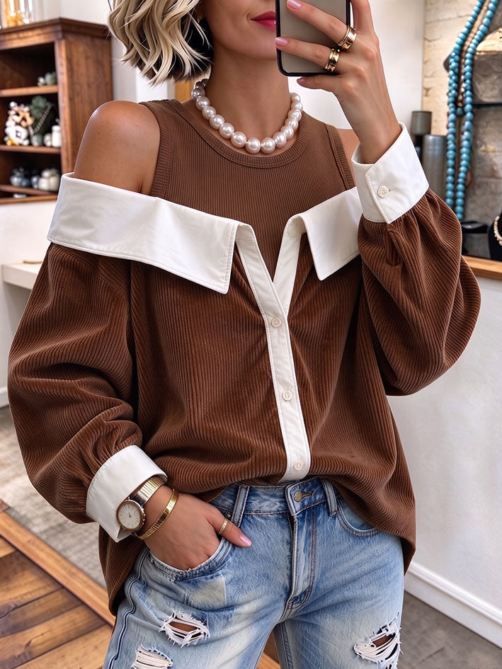 Casual Corduroy Cold Shoulder Faux Two-piece Top
