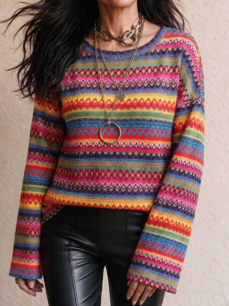 Women's Geometric Print Round Neck Long-sleeved Casual Loose Knit Pullover