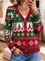 Women's Fair Isle Christmas Cardigan V-Neck Button Down Holiday Knit Sweater