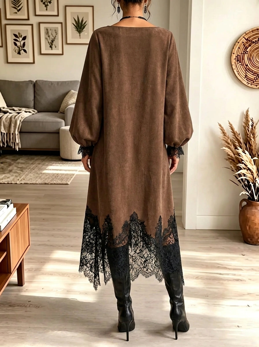 Women's Eyelash Lace Trim Asymmetrical Suede Maxi Dress