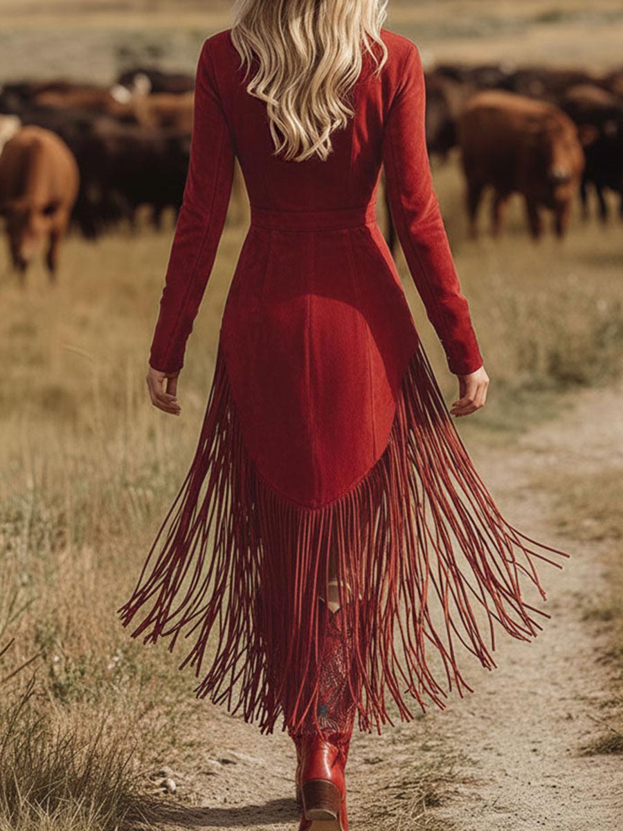 Women's Solid-color Stand-collar Long-sleeve Casual Slim-fit A-line Dress With Tassels