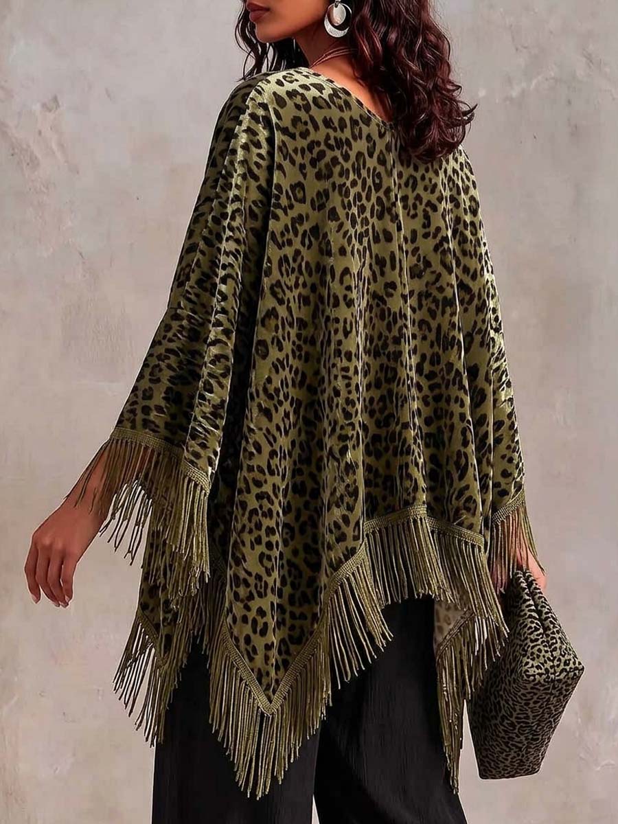 Women's Leopard Print V-neck Long-sleeve Loose-fit Batwing Velvet Top With Tassels