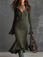 Women's Solid Color Collared Long Sleeve Casual Loose Knit Dress