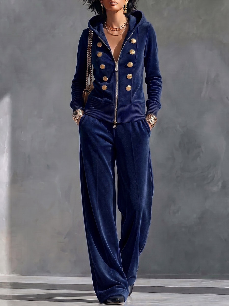 Women's Solid Color Collared Long-sleeved Casual Loose Hooded Top And High-waisted Wide-leg Pants Velvet Suit