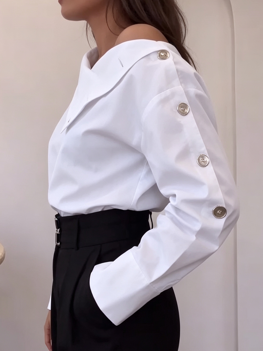 Chic Asymmetrical Button Accents White Blouse