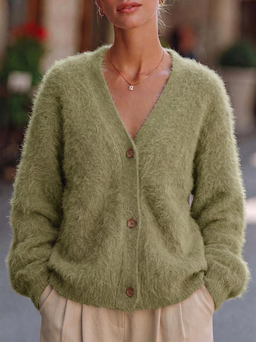 Women's Solid Color V-neck Long Sleeve Casual Loose Knit Cardigan