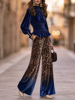 Elegant Velvet High-neck Top And Leopard-print Wide-leg Trousers Set