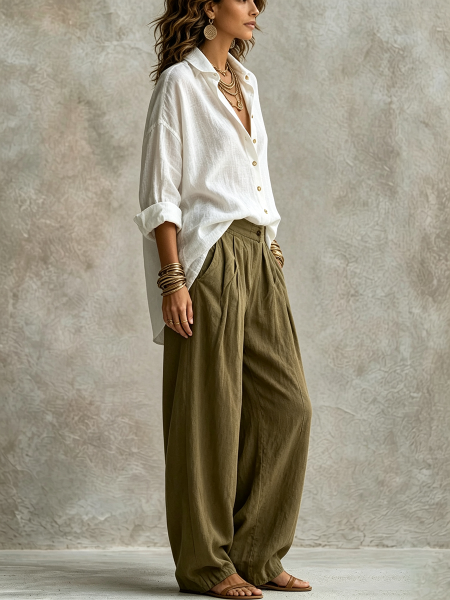 Chic Casual Relaxed-fit Olive Green Cotton Linen Outfit Set