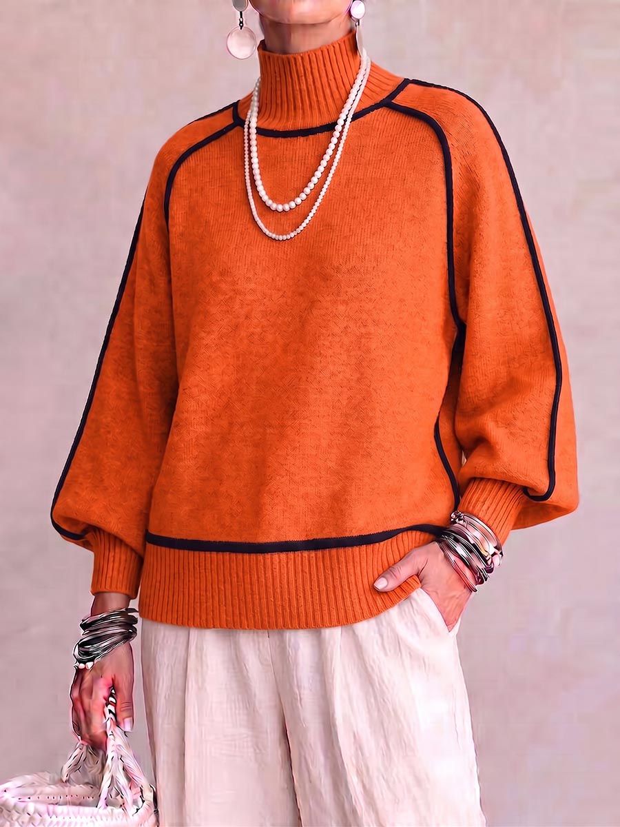Women's High-neck Long-sleeved Casual Loose Color-blocked Pullover Knit Sweater