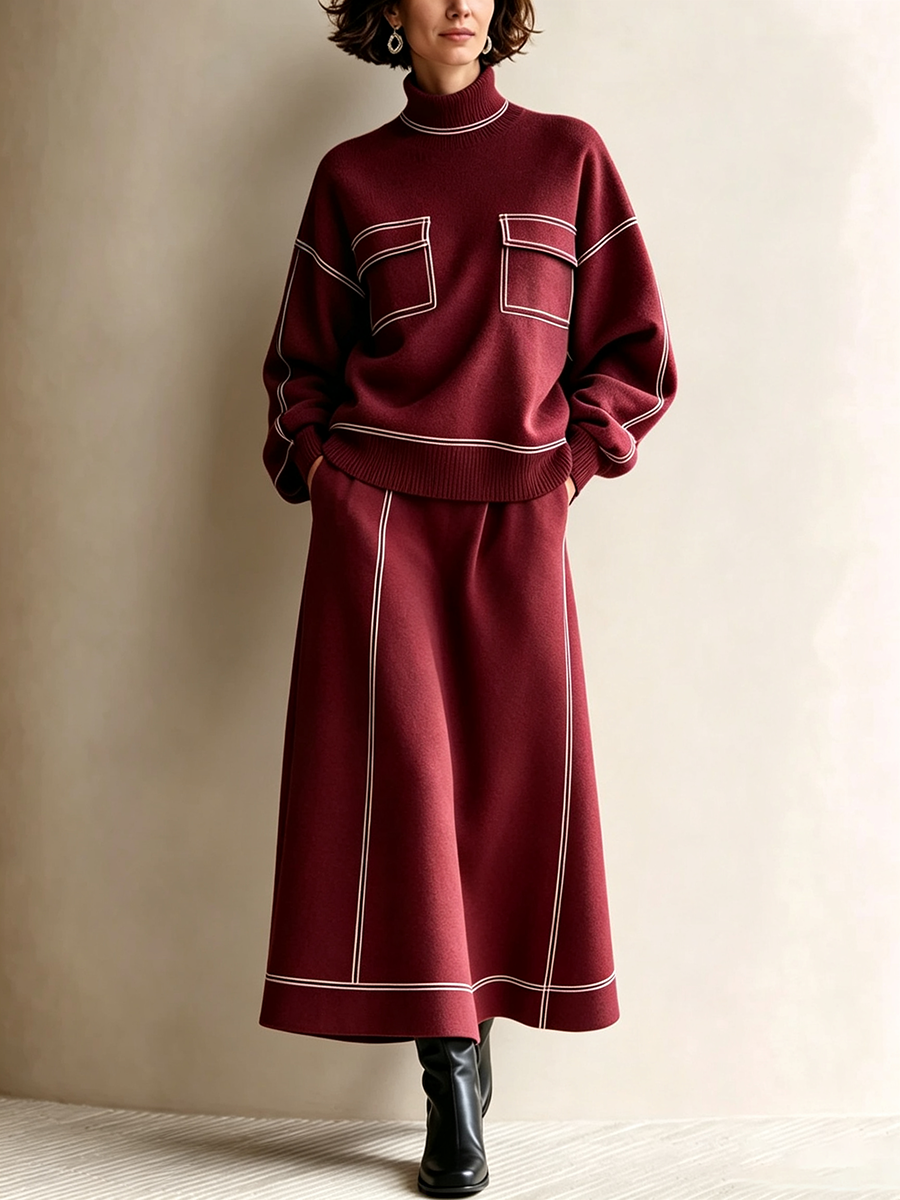 Chic Cozy Contrast Piping Knitted Two-piece Set