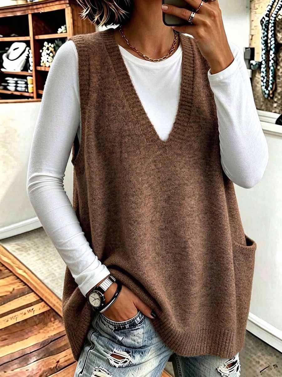 Women's Oversized V-neck Knit Sweater Vest With Pockets