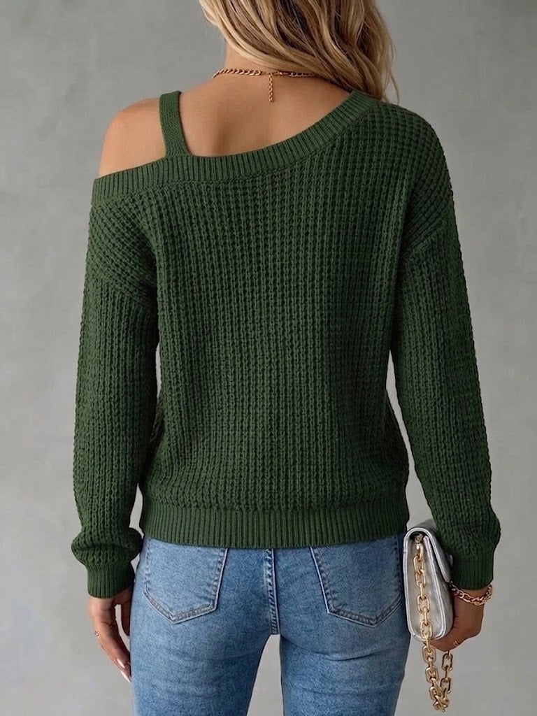 Casual Off-shoulder Pullover Sweater With Metal Buckle And Lantern Sleeves