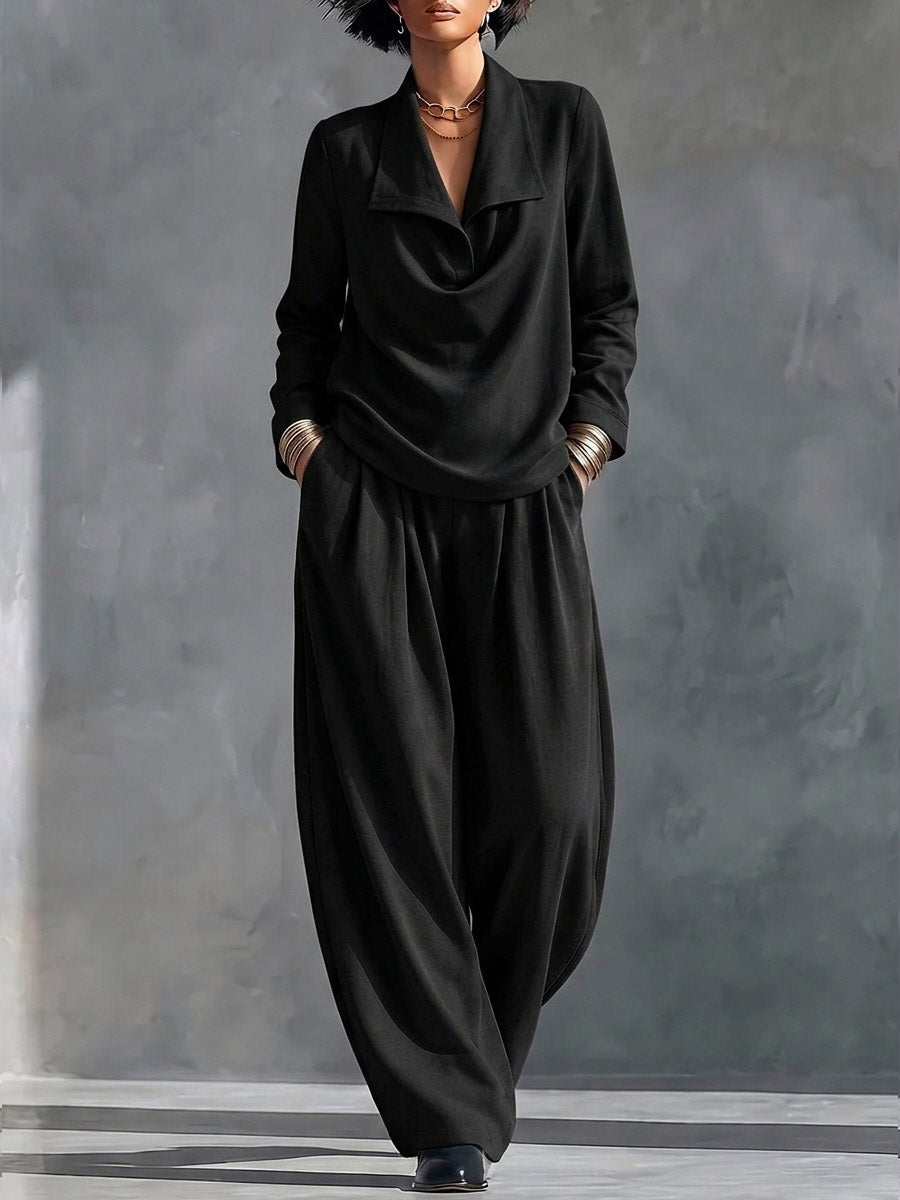 Women's Solid Color Collared Long-sleeved Casual Loose Top And High-waisted Wide-leg Pants Set
