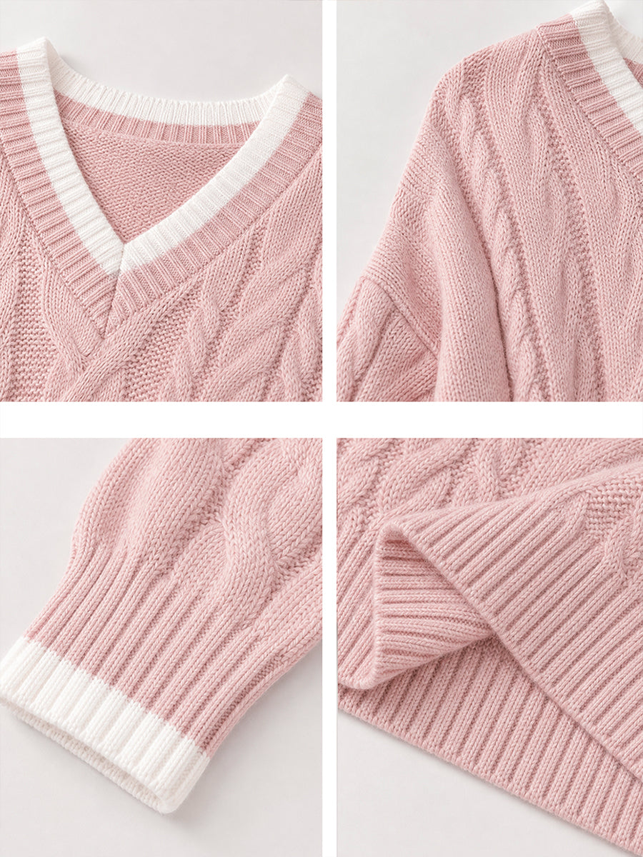 Two-piece Set Featuring A Casual Cable-knit V-neck Sweater With Color-contrast Trim And Drawstring Cotton Trousers.