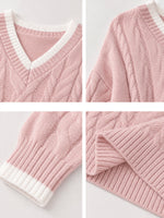 Two-piece Set Featuring A Casual Cable-knit V-neck Sweater With Color-contrast Trim And Drawstring Cotton Trousers.