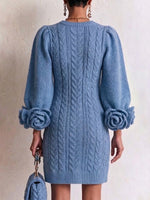 Elegant And Stylish Cable-knit Sweater Dress With 3d Rose Detailing On The Cuffs.