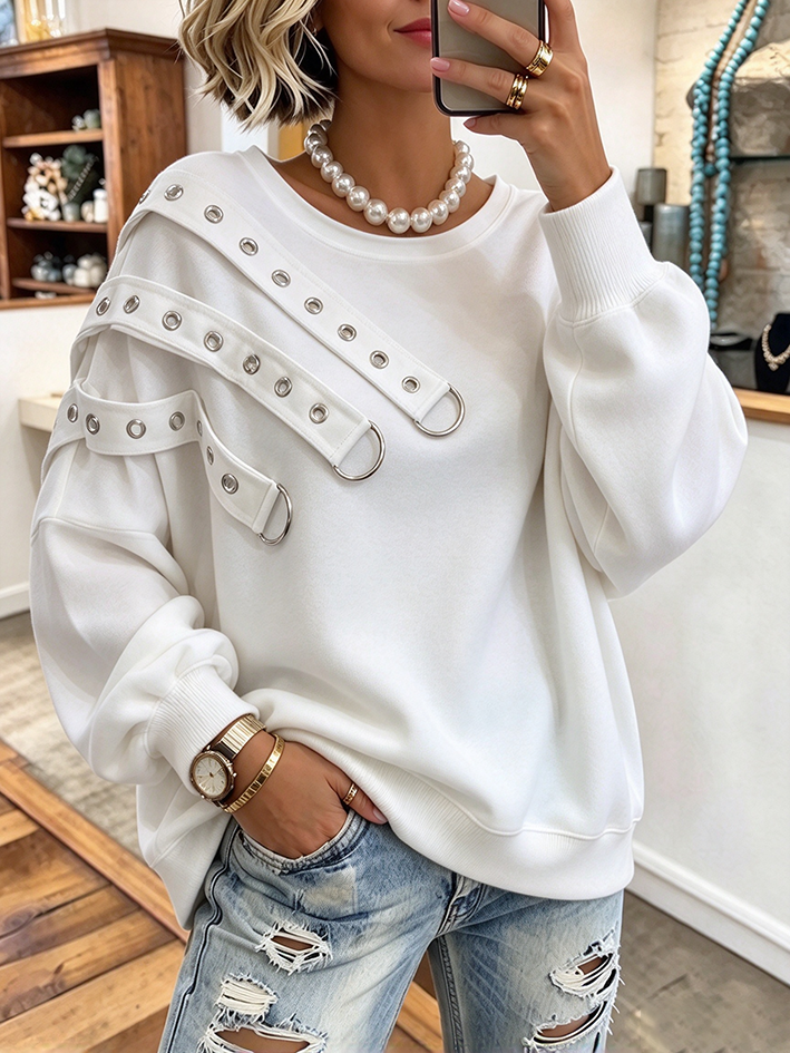 Chic Edgy Autumn Winter Casual Streetwear White Pullover Sweatshirt