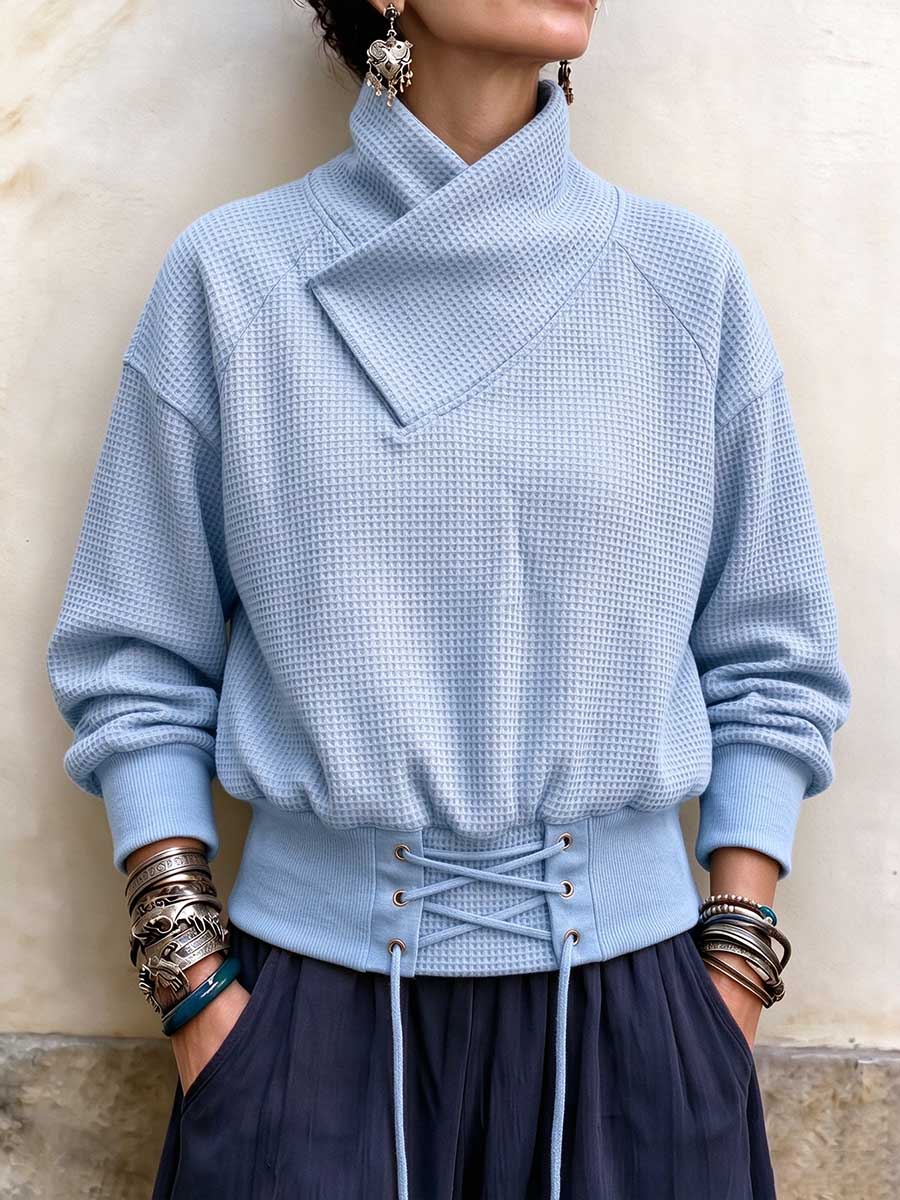 Women's Waffle Knit Lace-up Hem Asymmetrical Neck Sweater