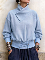 Women's Waffle Knit Lace-up Hem Asymmetrical Neck Sweater