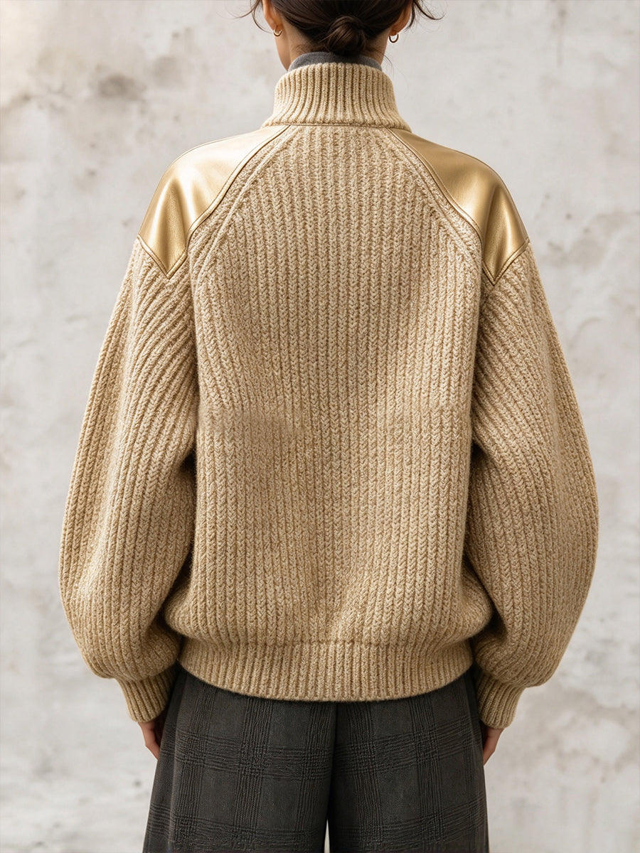 Chic Knit Jacket With Metallic Faux-leather Panels