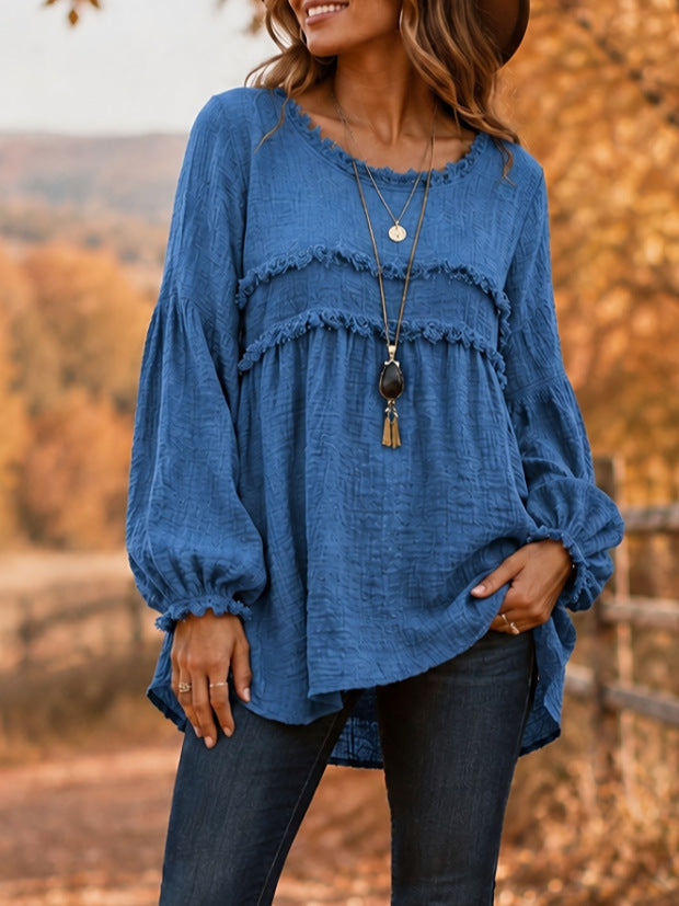 Casual Raw-edge Ruffled Cotton-linen Blend Pleated Top