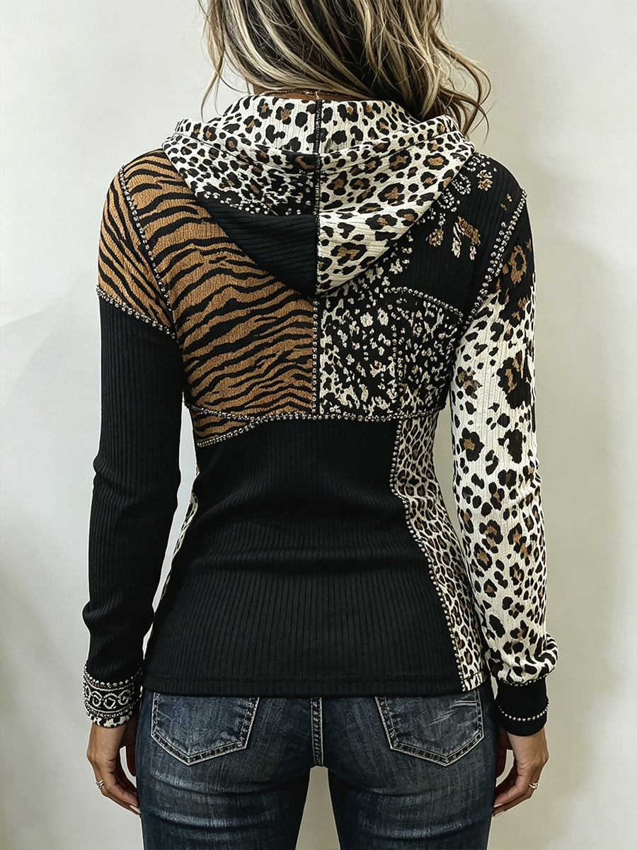 Chic Animal Patchwork Print Ribbed Hooded Top