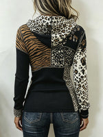 Chic Animal Patchwork Print Ribbed Hooded Top