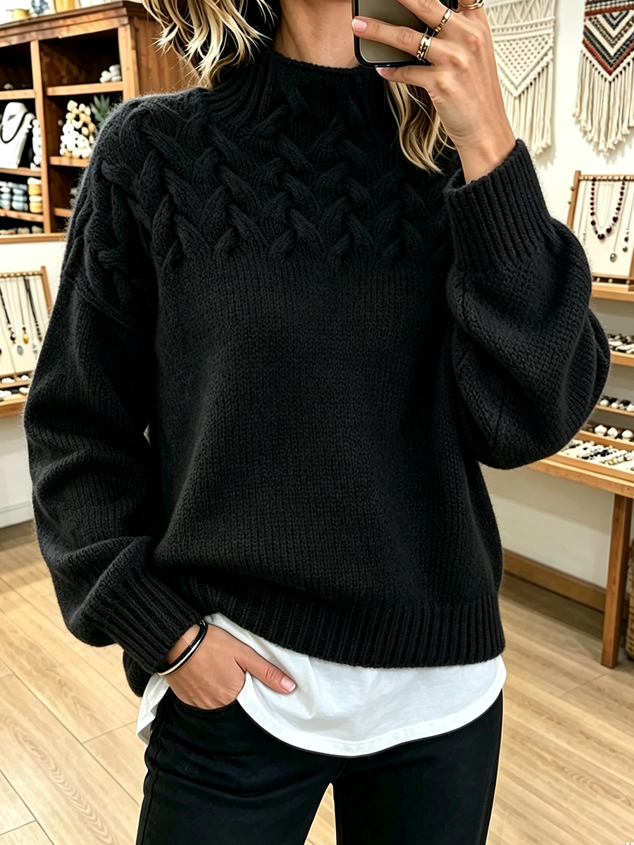 Chic Cozy Basketweave Cable-knit Mock Neck Sweater