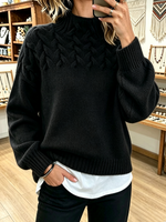 Chic Cozy Basketweave Cable-knit Mock Neck Sweater
