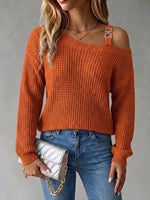 Casual Off-shoulder Pullover Sweater With Metal Buckle And Lantern Sleeves