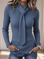 Chic Ribbed Knit Top with Integrated Scarf Neckline